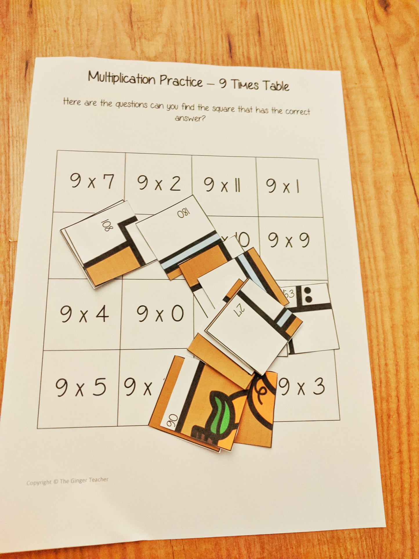 Fall Themed Independent Multiplication Revision Sheets 9x No Prep independent revision activity for the nine times tables. Children have to cut out and stick the correct answer to the question square, when the correct squares are all in place a fall themed picture will be revealed. #teachmultiplication #revisemultiplication #ninetimestables #noprep #mathsworksheets