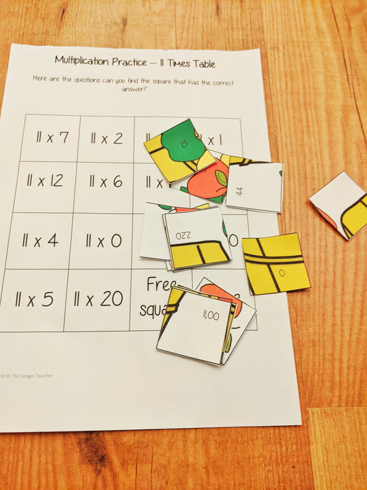 Fall Themed Independent Multiplication Revision Sheets 11x No Prep independent revision activity for the eleven times tables. Children have to cut out and stick the correct answer to the question square, when the correct squares are all in place a fall themed picture will be revealed. #teachmultiplication #revisemultiplication #eleventimestables #noprep #mathsworksheets