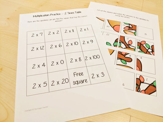 Christmas Themed Independent Multiplication Revision Sheets 2x No Prep independent revision activity for the two times tables. Children have to cut out and stick the correct answer to the question square, when the correct squares are all in place a christmas themed picture will be revealed. #teachmultiplication #revisemultiplication #twotimestables #noprep #mathsworksheets