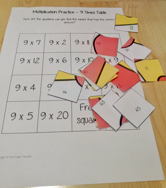 Christmas Themed Independent Multiplication Revision Sheets 9x No Prep independent revision activity for the nine times tables. Children have to cut out and stick the correct answer to the question square, when the correct squares are all in place a christmas themed picture will be revealed. #teachmultiplication #revisemultiplication #ninetimestables #noprep #mathsworksheets
