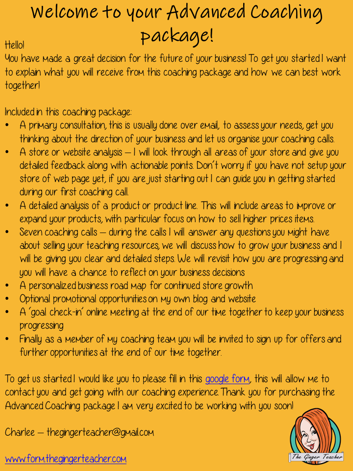 Teacher Author Advanced Coaching Package I have been coaching sellers for just over a year and I am now opening up my coaching services to a limited number of new clients for this year. I can advise on: Store and site design, product creation, Selling platforms, social media marketing, blogging, use of email lists, business growth and much more. #teacherauthors #teachingresources #resources #selling #sellingonline #teachers #tpt #teacherspayteachers
