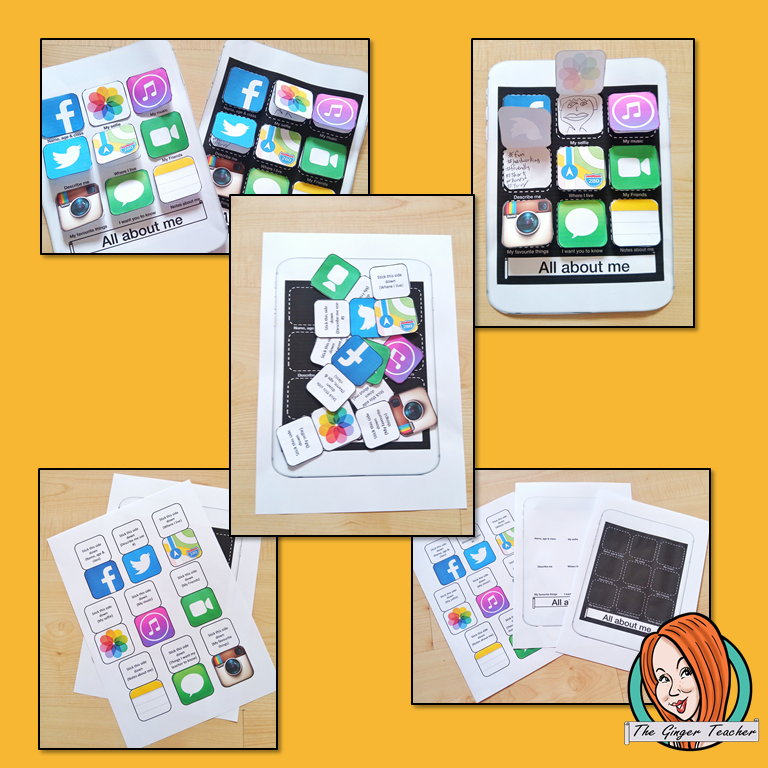 All About Me Craft Activity Great for beginning of the school year activities, first day of school activities fun all about me printable easy back to school craft lets children fill in their own iPhone apps to tell teacher all about the things they love first day back to school. Try something different from your usual 'all about me' worksheet. This download includes background template and apps to cut out and use Ideal for back to school activities #backtoschool #Firstdaybacktoschoolactivities
