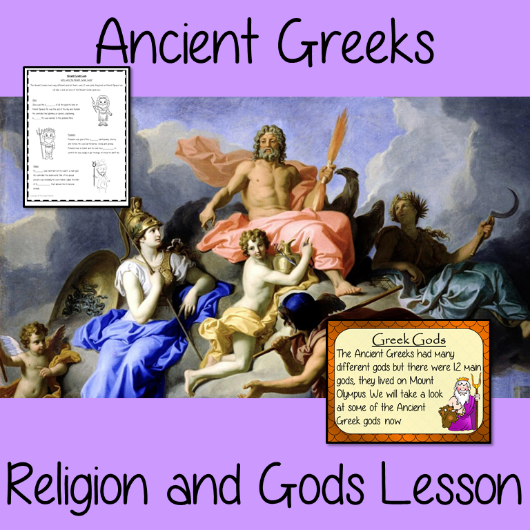 Ancient Greek Religion and Gods Complete History Lesson Teach children about Ancient Greek Religion and gods. The children will learn who the Greeks worshipped and why mount Olympus was important. A 28 slide PowerPoint and four versions of the 7-page worksheet to allow children to show their understanding, along with an activity to create fact cards for the gods #lessonplanning #ancientGreeks #resources #historylessons #historyplanning