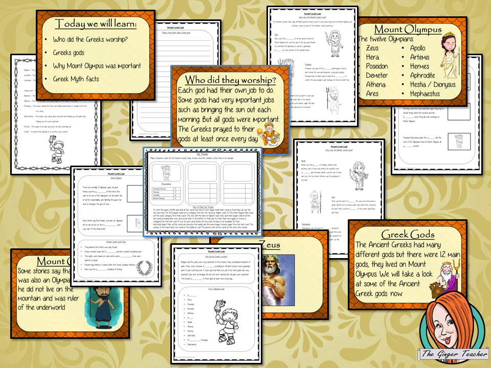 Ancient Greek Religion and Gods Complete History Lesson Teach children about Ancient Greek Religion and gods. The children will learn who the Greeks worshipped and why mount Olympus was important. A 28 slide PowerPoint and four versions of the 7-page worksheet to allow children to show their understanding, along with an activity to create fact cards for the gods #lessonplanning #ancientGreeks #resources #historylessons #historyplanning