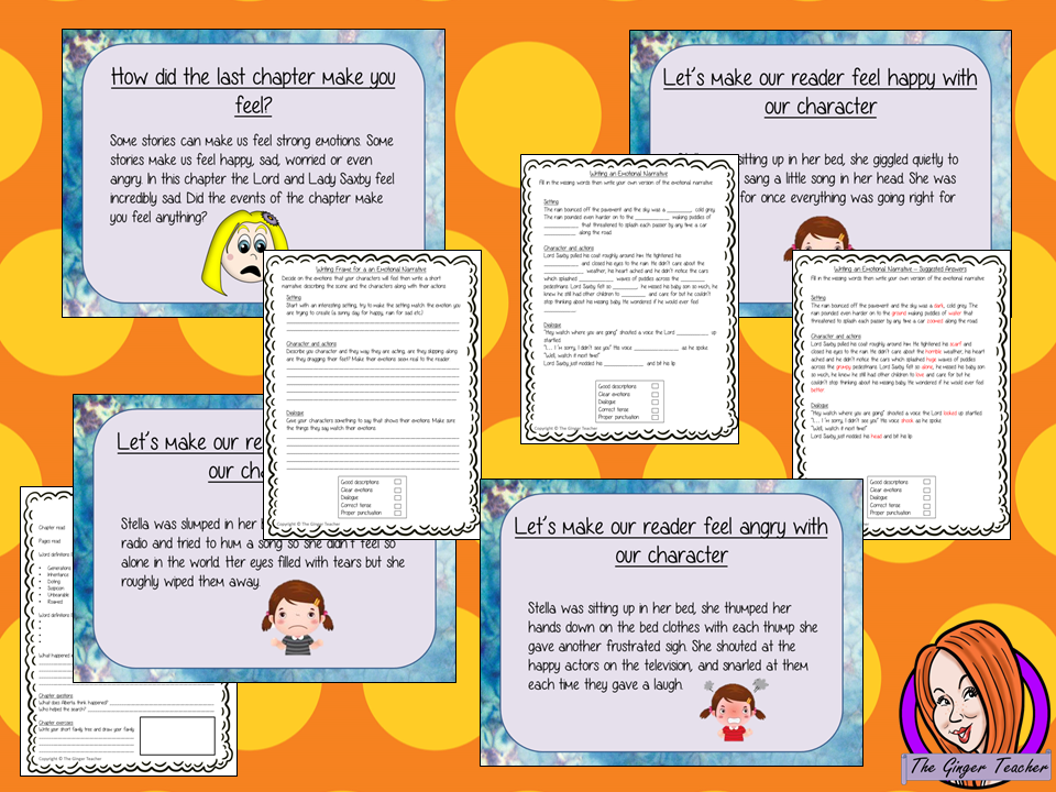 Writing Emotion in Narratives, Complete English Lesson on Awful Auntie by David Walliams complete, narrative writing lesson on the 2nd chapter how to write emotion in narrative. Children read and discuss the chapter. Detailed PowerPoint to ensure understanding of elements of writing emotional narrative. The class write a narrative and then the children plan and write their own #lessonplans #bookstudy #teachingideas #readingactivities #awfulaunty #davidwalliams