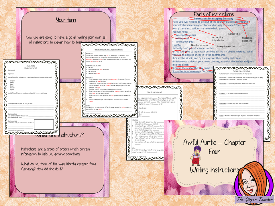 Complete Lesson on Writing Instructions Related to Awful Auntie by David Walliams. Children read and discuss the chapter. PowerPoint for children’s understanding of instruction writing. The class write instructions together and the children plan and write their own using the writing frame and success criteria included For lower ability children a scaffold instruction cloze sheet. #lessonplans #bookstudy #teachingideas #readingactivities #awfulaunty #davidwalliams #instructions