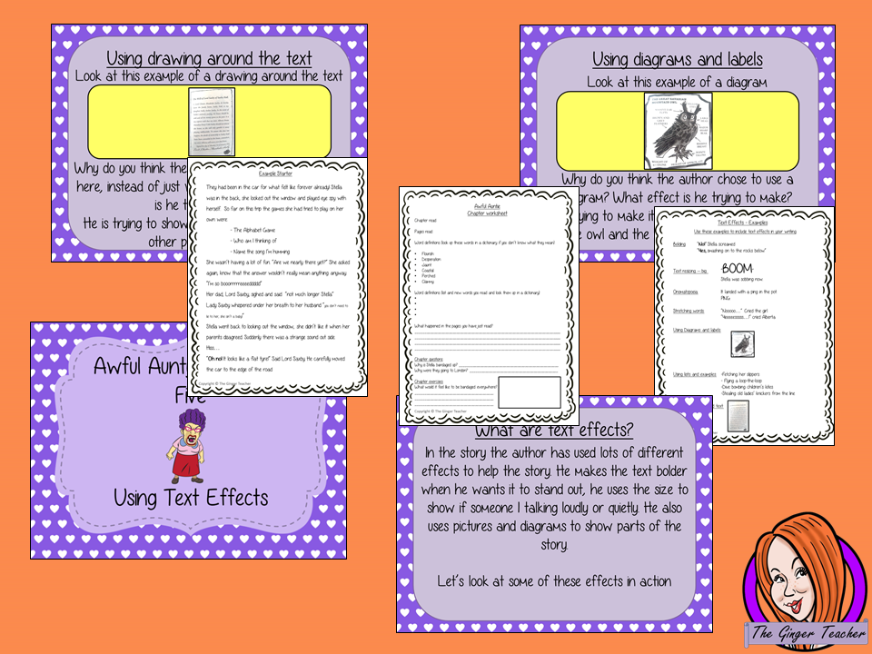 Using text effects Complete English Lesson on Awful Auntie by David Walliams. Teachers will get full resources and plans for teaching school children to use text effects in the classroom. There is a PowerPoint to explain the activity and then practice independently. There is also a short chapter summary sheet for kids to reflect on the chapter read and share their ideas. #lessonplans #bookstudy #teachingideas #readingactivities #awfulaunty #davidwalliams