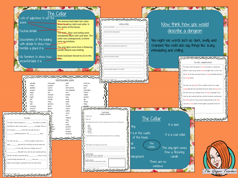 Writing settings in narratives Complete English Lesson on Awful Auntie by David Walliams. Teachers will get full resources and plans for teaching school children to write settings in  stories in the classroom. There is a PowerPoint to explain the activity and then practice independently. There is also a short chapter summary sheet for kids to reflect on the chapter read and share their ideas. #lessonplans #teachingideas #readingactivities #davidwalliams