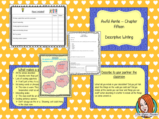 Writing descriptive texts Complete English Lesson on Awful Auntie by David Walliams. Teachers will get full resources and plans for teaching school children to Write descriptive texts in the classroom. There is a PowerPoint to explain the activity and then practice independently. There is also a short chapter summary sheet for kids to reflect on the chapter read and share their ideas. #lessonplans #bookstudy #teachingideas #readingactivities #awfulaunty #davidwalliams