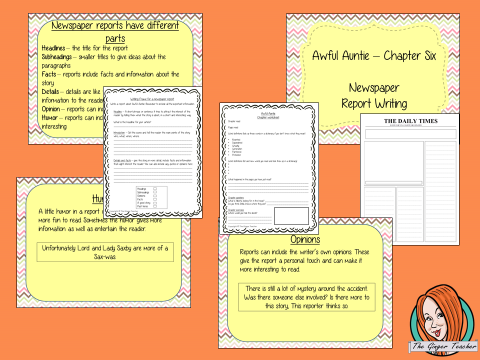 Writing newspaper reports Complete English Lesson on Awful Auntie by David Walliams. Teachers will get full resources and plans for teaching school children to write newspaper reports in the classroom. There is a PowerPoint to explain the activity and then practice independently. There is also a short chapter summary sheet for kids to reflect on the chapter read and share their ideas. #lessonplans #bookstudy #teachingideas #readingactivities #awfulaunty #davidwalliams #newspaperreports #reports