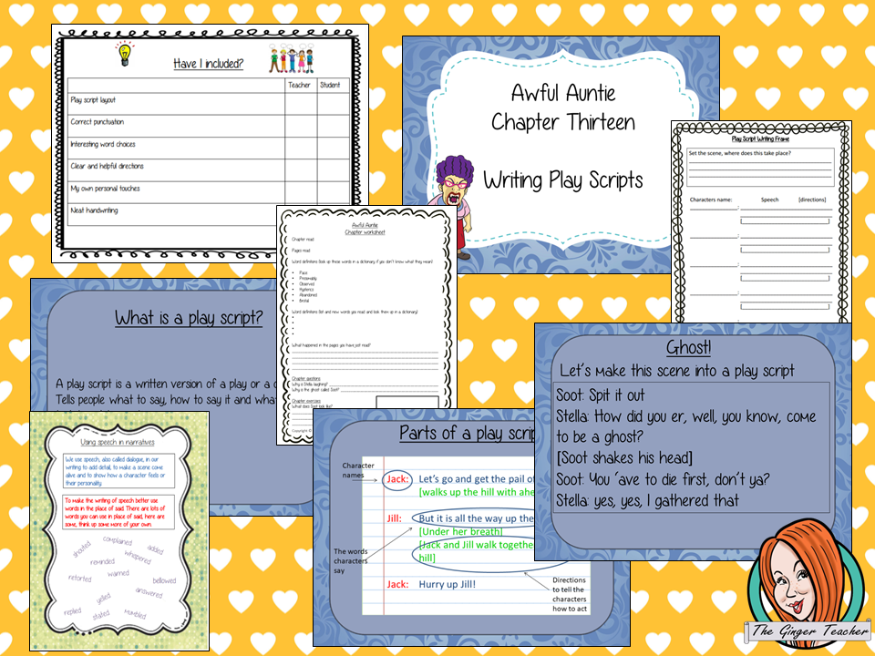 Writing play scripts Complete English Lesson on Awful Auntie by David Walliams. Teachers will get full resources and plans for teaching school children to Write play scripts in the classroom. There is a PowerPoint to explain the activity and then practice independently. There is also a short chapter summary sheet for kids to reflect on the chapter read and share their ideas. #lessonplans #bookstudy #teachingideas #readingactivities #awfulaunty #davidwalliams