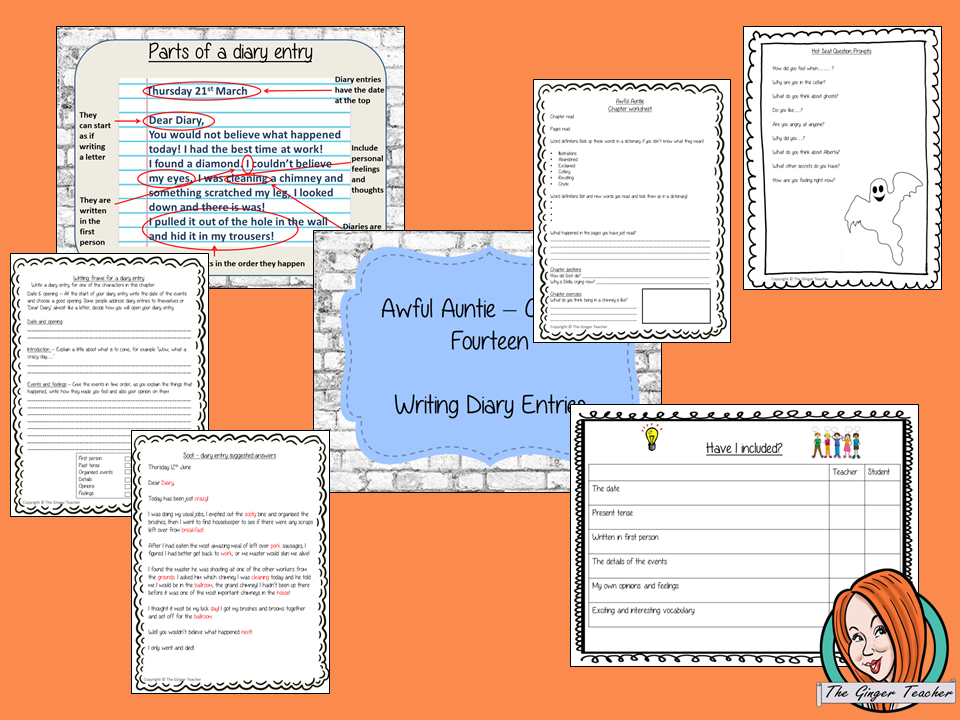 Diary writing Complete English Lesson on Awful Auntie by David Walliams. Teachers will get full resources and plans for teaching school children to write diary entries in the classroom. There is a PowerPoint to explain the activity and then practice independently. There is also a short chapter summary sheet for kids to reflect on the chapter read and share their ideas. #lessonplans #teachingideas #readingactivities #davidwalliams