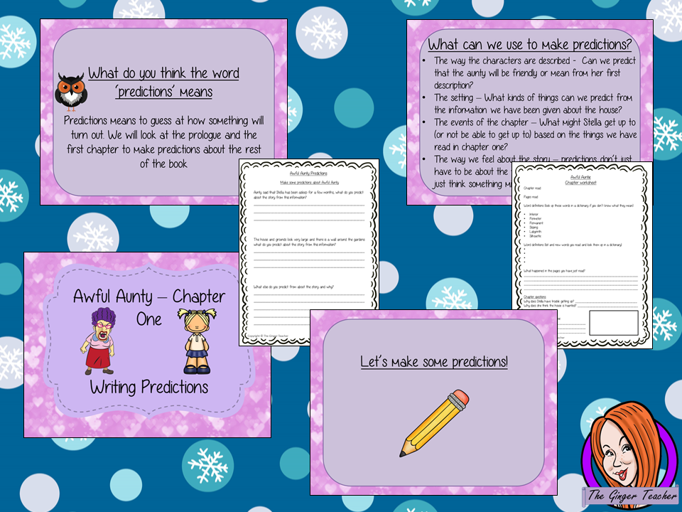 Writing Predictions Complete English Lesson on Awful Auntie by David Walliams. Teachers will get full resources and plans for teaching school children about writing predictions in the classroom. There is a PowerPoint to explain the activity and then practice independently. There is also a short chapter summary sheet for kids to reflect on the chapter read and share their ideas. #lessonplans #bookstudy #teachingideas #readingactivities #awfulaunty #davidwalliams