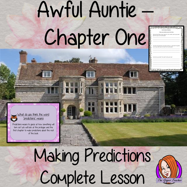 Writing Predictions Complete English Lesson on Awful Auntie by David Walliams. Teachers will get full resources and plans for teaching school children about writing predictions in the classroom. There is a PowerPoint to explain the activity and then practice independently. There is also a short chapter summary sheet for kids to reflect on the chapter read and share their ideas. #lessonplans #bookstudy #teachingideas #readingactivities #awfulaunty #davidwalliams