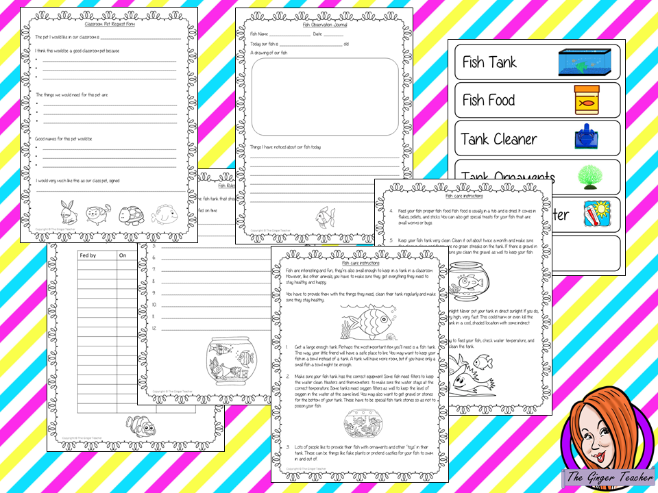 Fish Classroom Pets Pack a fun pack for your classroom hamster. 10 sheets included to allow children to request a pet, monitor it with an observation journal, draw pictures of the class pet, set up feeding rotas, label the pet’s equipment, create rules for the pet, read instructions for fish care and complete cloze sheets of the instructions. A great way to teach about caring for living things. #teaching #classpets #pshe #pets #fish #caring #lessons #animals