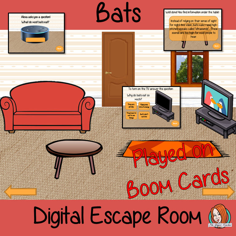 Bats Escape Room Boom Cards Escape the room! Learn about and practice bat information with this fun digital escape room. Children will need to explore the room answering questions and solving puzzles and collecting information to escape.