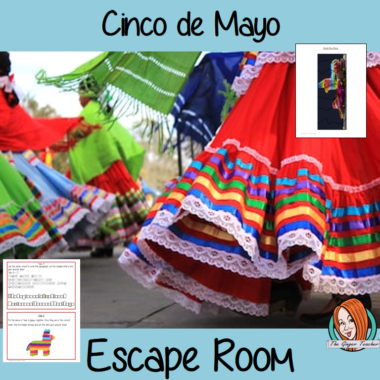 Cinco de Mayo Escape Room Game Try this escape room style game with your students today! This is a fun game that is perfect for teaching children about Cinco de Mayo. This game focuses on students finding out facts and information and using these to solve puzzles. This helps them to learn. This activity is great for the beginning of a topic to introduce information or at the end to recap. Students are trying to help an alien understand Cinco de Mayo and they must solve a series of clues, as well