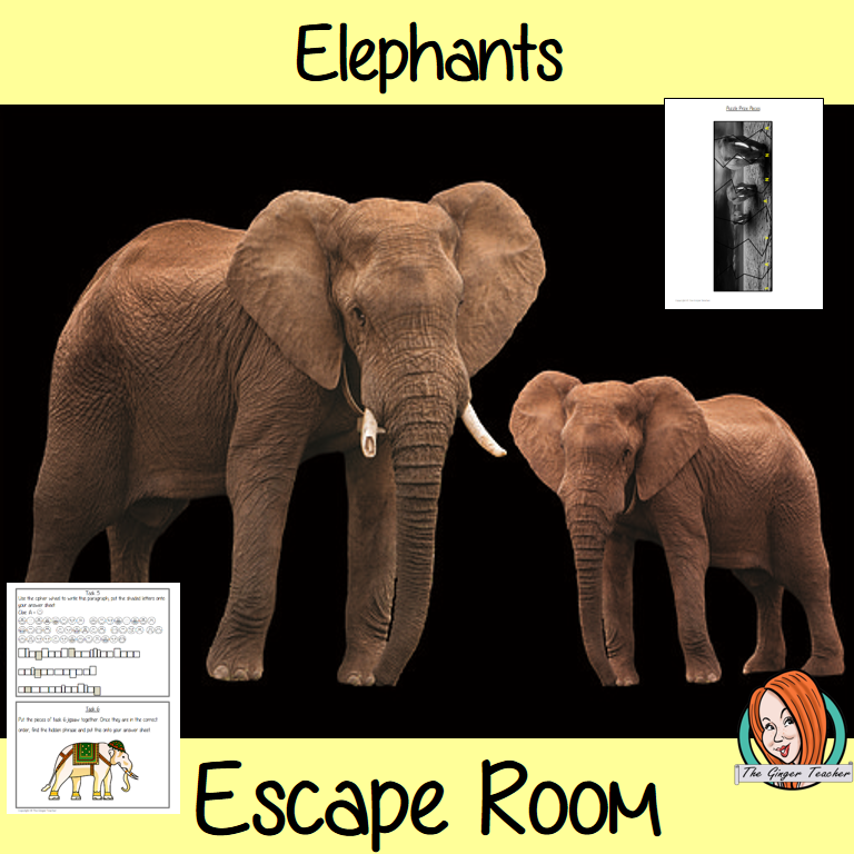 Elephants Escape Room Game Try this escape room style game with your students today! This is a fun game that is perfect for teaching children about Elephants. This game focuses on students finding out facts and information and using these to solve puzzles. This helps them to learn. This activity is great for the beginning of a topic to introduce information or at the end to recap. Students are trying to help an alien understand Elephants and they must solve a series of clues, as well as decode d