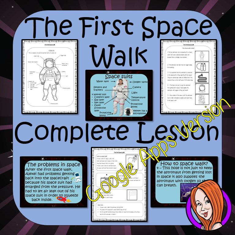 Distance Learning, The First Space Walk, Google Slides Lesson The anniversary of the First Spacewalk is the 18th of March! These resources include a complete lesson on the First Spacewalk. There is a detailed 41 slide presentation on the details of the walk and surviving in space. There are also differentiated, 4 page, spacewalk, Google Slides, worksheets to allow children to demonstrate understanding of the first spacewalk. This is the Google Slides version of this lesson!