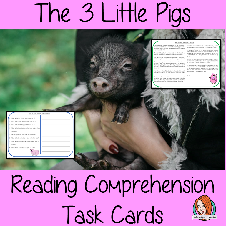 Reading Comprehension Cards Differentiated reading comprehension cards. Three levels of texts and questions to help children with reading comprehension. This text is on the story of the 3 little pigs and has questions to help children understand and draw meaning from the text.