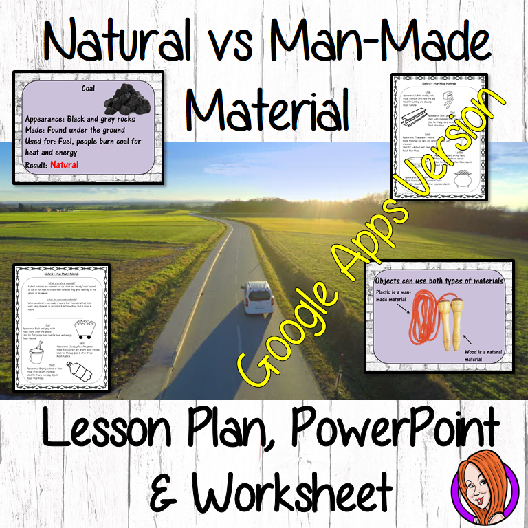 Distance Learning Natural vs. Man-Made Materials Google Slides Lesson Natural vs. Man-Made Materials This lesson includes a detailed presentation to explain different natural and man-made materials. There are also differentiated Google Slides worksheets to allow children to demonstrate understanding of the natural and man-made materials around them. This is the Google Slides version of this lesson!
