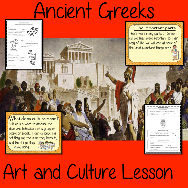 Ancient Greeks Art and culture Complete History Lesson Teach children about Ancient Greeks and their art and culture. This download is a complete lesson to teach children about the different art and culture of the Ancient Greeks. detailed 29 slide PowerPoint and 4 versions of the 6-page worksheet to show understanding an activity #lessonplanning #ancientGreeks #Greeks #teaching #resources #historylessons #historyplanning
