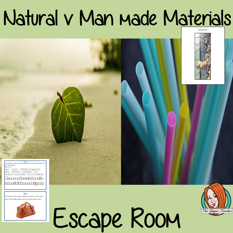 Natural v Man made Materials Escape Room Game Try this escape room style game with your students today! This is a fun game that is perfect for teaching children about Natural v Man made Materials. This game focuses on students finding out facts and information and using these to solve puzzles. This helps them to learn. This activity is great for the beginning of a topic to introduce information or at the end to recap. Students are trying to help an alien understand Natural v Man made Materials and they m