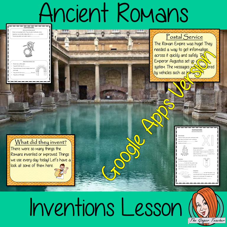 Distance Learning Ancient Romans Inventions Google Slides Lesson Teach children about Ancient Romans and their Inventions. This is a complete lesson to teach children about the different inventions of the Ancient Romans. The children will learn the types of things the Romans invented, what they were good at and practice using Roman numerals. There is a detailed 28 slide presentation and four versions of the 6-page worksheet to allow children to show their understanding. This is the Google Slides version