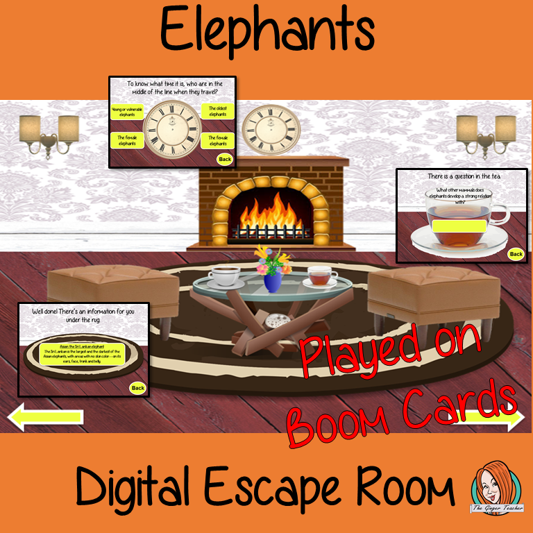 Elephants Escape Room Boom Cards Escape the room! Learn about and practice Elephants information with this fun digital escape room. Children will need to explore the room answering questions and solving puzzles and collecting information to escape.