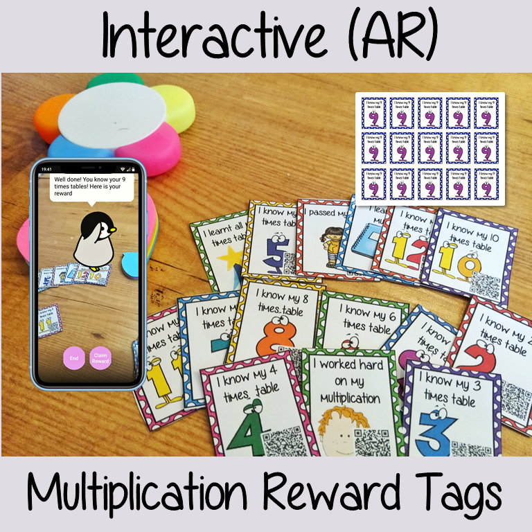 Interactive multiplication Reward Tags brag tags! These tags can be used in your classroom for behaviour management. If you want to promote good behavior of students brag tags! This is a whole class behaviour management system promotes good behaviour in class download the free AR (augmented reality) app and a fun character will appear in your classroom! Each tag has AR reward that collect also option to take reward selfie. #augmentedreality #bragtags #rewardtag #awardtags