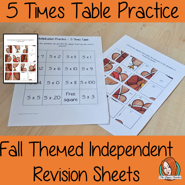 Fall Themed Independent Multiplication Revision Sheets 5x No Prep independent revision activity for the five times tables. Children have to cut out and stick the correct answer to the question square, when the correct squares are all in place a fall themed picture will be revealed. #teachmultiplication #revisemultiplication #fourtimestables #noprep #mathsworksheets