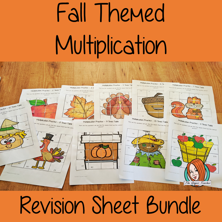 Fall Themed Independent Multiplication Revision Bundle No Prep independent revision activities for the two up to twelve times tables. Children have to cut out and stick the correct answer to the question square, when the correct squares are all in place a fall themed picture will be revealed. #teachmultiplication #revisemultiplication #twelvetimestables #noprep #mathsworksheets