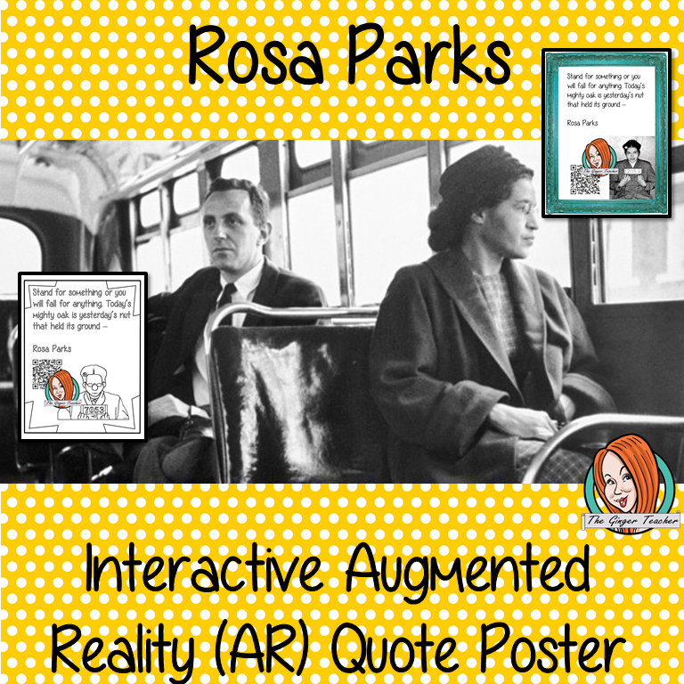 Rosa Parks Interactive Quote Poster Augmented Reality (AR) interactive quote poster This poster can be printed and used in your classroom access the augmented reality aspects of this poster download the free Metaverse AR (augmented reality) app. Rosa Parks will appear in your classroom to give your kids extra facts and a short quiz. Included are two posters one color and one black and white with AR codes for interactive content #blackhistorymonth #blackhistory #rosaparks