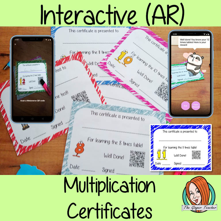 Interactive Classroom Multiplication certificates fun way to reward multiplication learning These certificates can be printed and used in your classroom download the free Metaverse AR (augmented reality) app Scan the code and a fun character will appear in your classroom to congratulate the kids! Each certificate has AR reward that the children collect also the option to take a reward selfie. #ar #augmentedreality #bragtags #rewardtag #awardtags