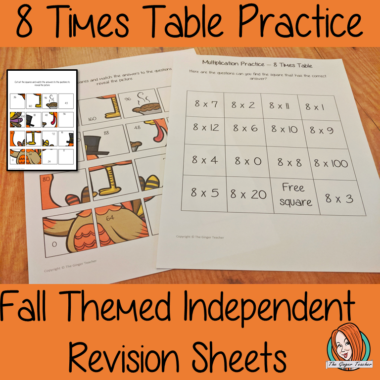 Fall Themed Independent Multiplication Revision Sheets 8x No Prep independent revision activity for the eight times tables. Children have to cut out and stick the correct answer to the question square, when the correct squares are all in place a fall themed picture will be revealed. #teachmultiplication #revisemultiplication #timestables #noprep #mathsworksheets