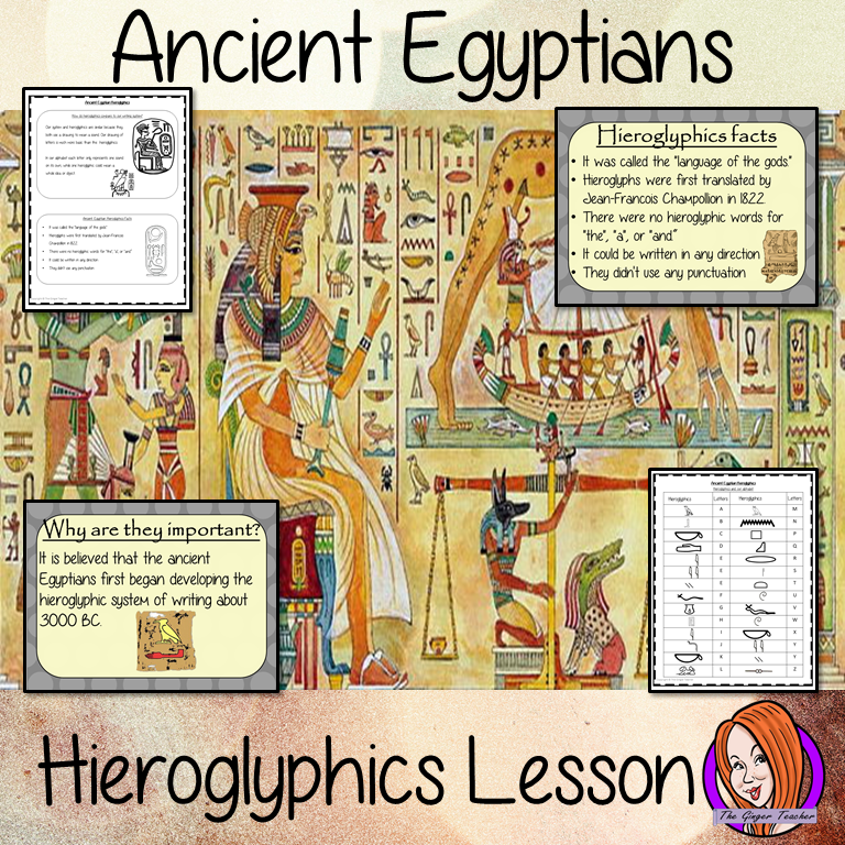 Ancient Egyptian Hieroglyphics - Complete History Lesson. The children will learn what they were, why are they are important and one look at the difference between our writing system and theirs. There is a detailed 22 slide PowerPoint and four versions of the 6-page worksheet to allow children to show their understanding, along with an activity to write in hieroglyphics. #lessonplanning #ancientegyptians #egyptians #teaching #resources #historylessons #historyplanning
