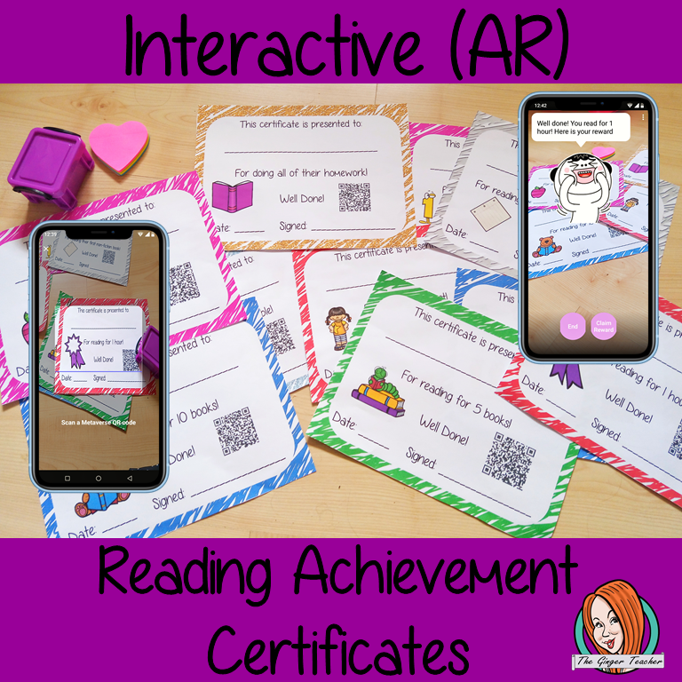 Interactive Classroom reading achievement certificates fun way to welcome your class back to school These certificates can be printed and used in your classroom download the free Metaverse AR (augmented reality) app Scan the code and a fun character will appear in your classroom to congratulate the kids! Each certificate has AR reward that the children collect also the option to take a reward selfie. #ar #augmentedreality #bragtags #rewardtag #awardtags