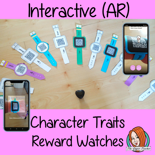 Character Traits Reward watches (Brag Tags) download the free Metaverse AR app Scan the code and a fun character will appear to congratulate the kids! Each tag has AR reward that the children collect also the option to take a reward selfie these reward watches can be printed and used in your classroom to encourage good character traits. They are great to give out to the children to create a fun classroom environment. #bragtags #rewardtag #awardtags #backtoschool