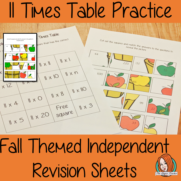 Fall Themed Independent Multiplication Revision Sheets 11x No Prep independent revision activity for the eleven times tables. Children have to cut out and stick the correct answer to the question square, when the correct squares are all in place a fall themed picture will be revealed. #teachmultiplication #revisemultiplication #eleventimestables #noprep #mathsworksheets