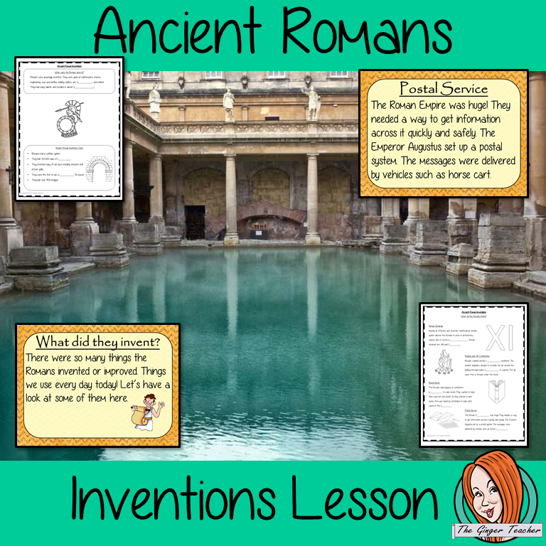 Ancient Romans Inventions Complete History Lesson Teach children about Ancient Romans and their inventions. This download is a complete lesson to teach children about the different inventions of the Ancient Romans. practice using Roman numerals. detailed 28 slide PowerPoint and4 versions of the 6-page worksheet to show understanding an activity to draw a diagram of an Ancient Roman invention. #lessonplanning #ancientromans #romans #teaching #resources #historylessons #historyplanning