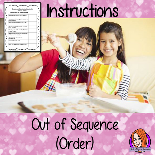 Instructions out of sequence (order) how to bake a cake