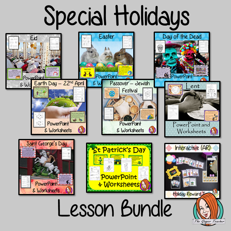 Special Holidays Lesson Bundle This is a collection of lessons to teach children about special holidays throughout the year. Eight special holidays are included each with lesson PowerPoint and differentiated worksheets. There is also a collection of reward tags for the children to collect with a holiday theme. Lesson in this bundle: *Eid *Easter *Day of the Dead *St George’s Day *Earth Day *Passover *Lent *St Patrick’s Day And: *Special Holiday Reward Tags #teaching #holidays #reteaching