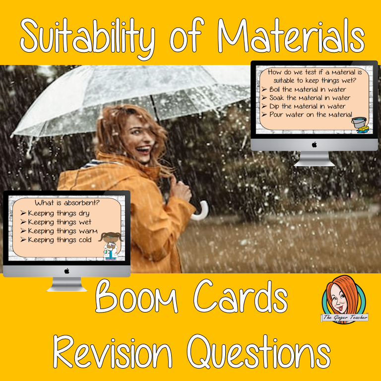 Suitability of Materials Revision Questions This deck revises children’s knowledge of Suitability of Materials. There are multiple choice revision questions to check children’s understanding. These question cards are self-grading and lots of fun!