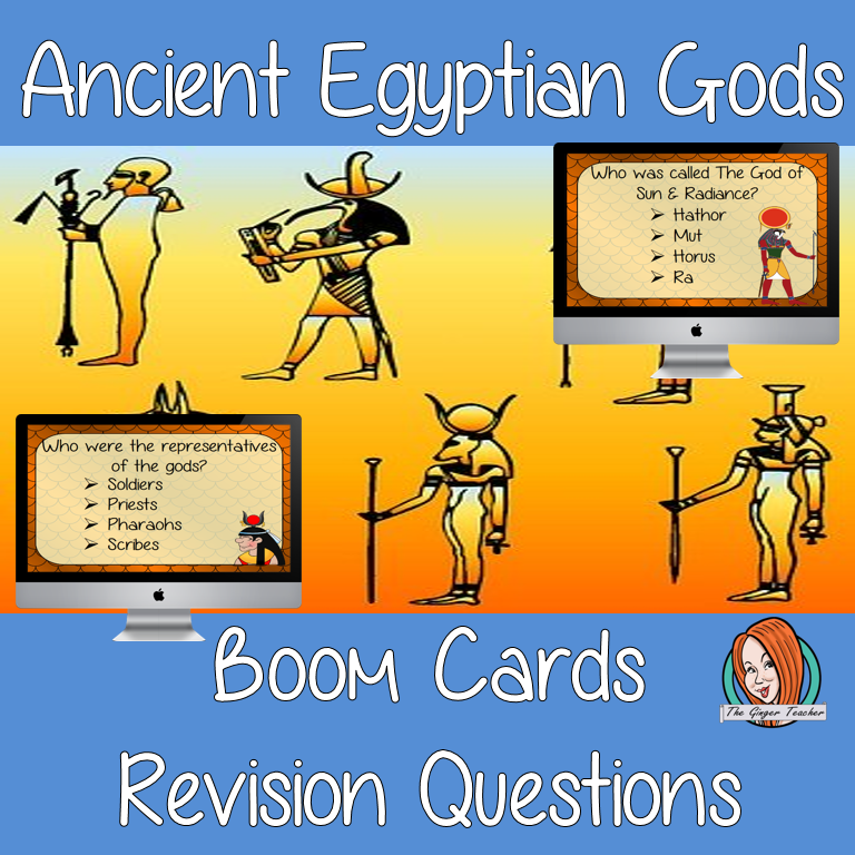 Egyptian Gods Revision Questions This deck revises children’s knowledge of Egyptian Gods. There are multiple choice revision questions to check children’s understanding. These question cards are self-grading and lots of fun!