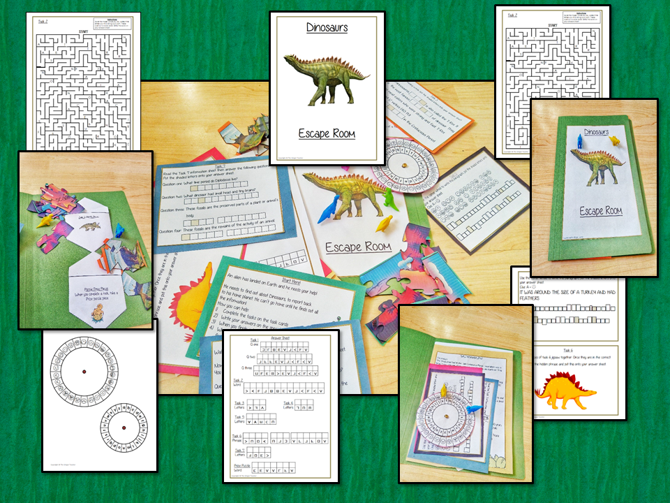 Dinosaurs Escape Room Game Try this escape room style game with your students today! This is a fun game that is perfect for teaching children about Dinosaurs. This game focuses on students finding out facts and information and using these to solve puzzles. This helps them to learn. This activity is great for the beginning of a topic to introduce information or at the end to recap. Students are trying to help an alien understand Dinosaurs and they must solve a series of clues, as well as decode different