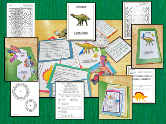 Dinosaurs Escape Room Game Try this escape room style game with your students today! This is a fun game that is perfect for teaching children about Dinosaurs. This game focuses on students finding out facts and information and using these to solve puzzles. This helps them to learn. This activity is great for the beginning of a topic to introduce information or at the end to recap. Students are trying to help an alien understand Dinosaurs and they must solve a series of clues, as well as decode different