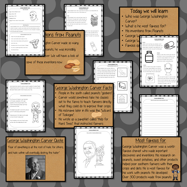 George Washington Carver PowerPoint and Worksheets Lesson Fun history lesson to teach children. Perfect for Black History Month in your classroom, make teaching about his inventions and black history fun and engaging. Great lesson with many facts and activities for your kids to enjoy. his most famous inventions and wonderful quotes. #lessonplanning #teaching #resources #historylessons #historyplanning #georgewashingtoncarver #blackhistorymonth