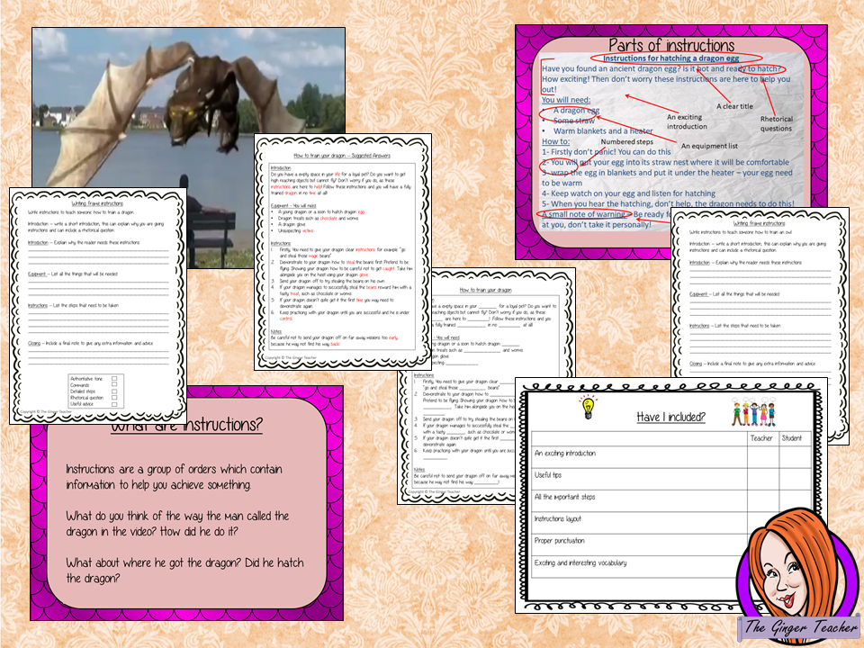 Complete Lesson on Writing Instructions Related to Dragons. Children watch and discuss the pet dragon video. PowerPoint for children’s understanding of instruction writing. The class write instructions together and the children plan and write their own using the writing frame and success criteria included For lower ability children a scaffold instruction cloze sheet. #lessonplans #dragon #teachingideas #instructions