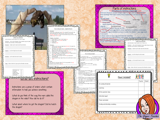 Complete Lesson on Writing Instructions Related to Dragons. Children watch and discuss the pet dragon video. PowerPoint for children’s understanding of instruction writing. The class write instructions together and the children plan and write their own using the writing frame and success criteria included For lower ability children a scaffold instruction cloze sheet. #lessonplans #dragon #teachingideas #instructions