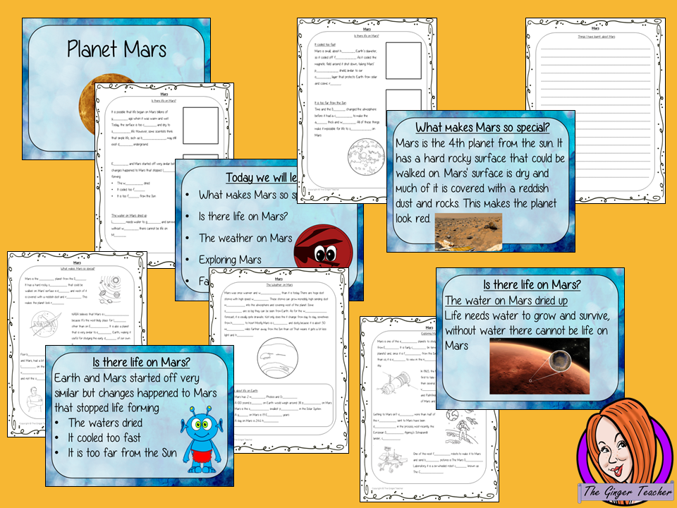 Planet Mars PowerPoint and Worksheets Lesson teach children about planet Mars in one complete lesson. Detailed 24 slide PowerPoint on planet Mars, the possibility of life on mars and discusses if how we explore the planet. There are also differentiated, 6 page, worksheets to allow students to demonstrate their understanding. This pack is great for teaching kids about Mars. #solarsystem #space #science #sciencelesson #planetmars #mars